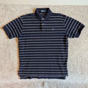 Polo Ralph Lauren Polo Shirt Mens Large Navy Blue Striped Short Sleeve Cotton